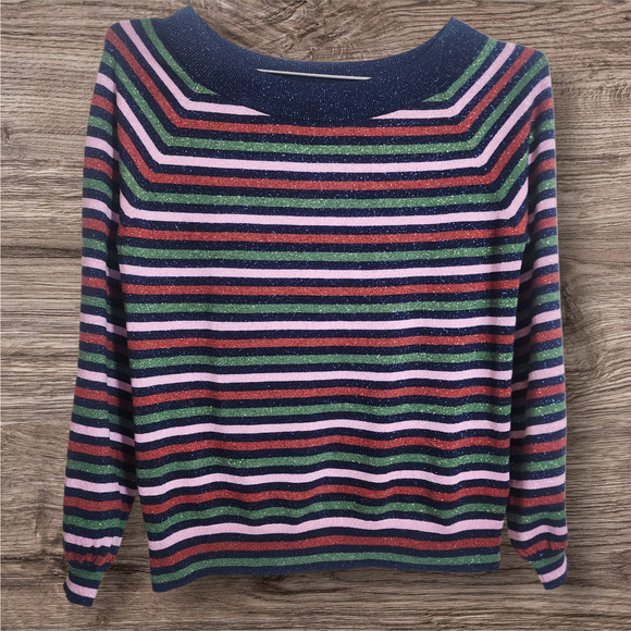 Boden striped wool blend sparkly long sleeve colorful sweater woman's size 8 - Picture 1 of 11